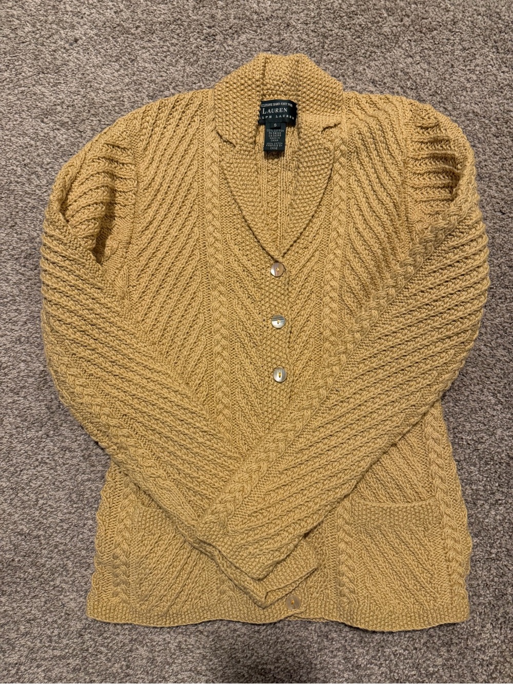 Lauren Ralph Lauren Mustard Yellow Cable Cardigan with Buttons